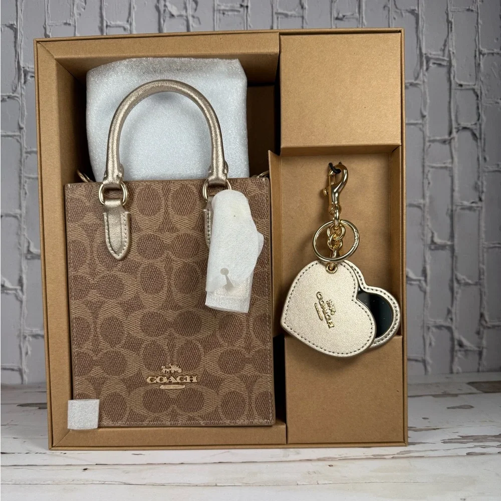 NWT Coach Boxed Mini Tote And Mirror Bag Charm Set In Signature Canvas CX188